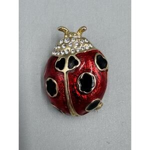 Vintage Ladybug Rhinestone Black White Red Lapel Pin Brooch